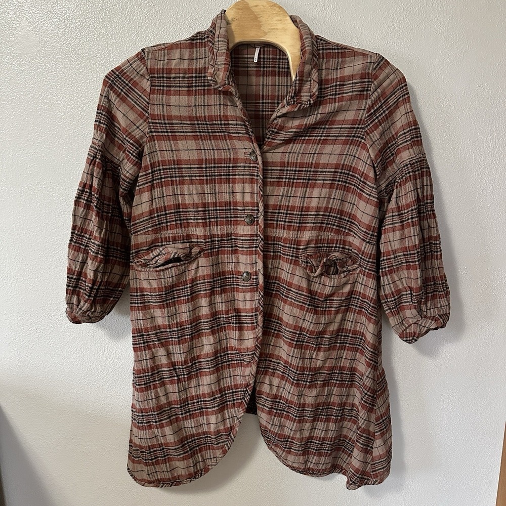 Free‎ People Victorian Plaid Jacket Size Medium Red Brown Oversized
